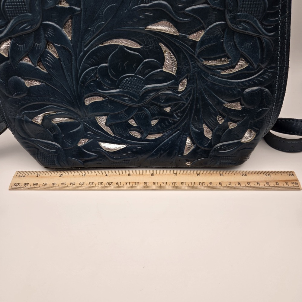 Patricia Nash Aria Caribbean Blue Satchel Bag With Silver Metallic Cutout Floral - Picture 14 of 16